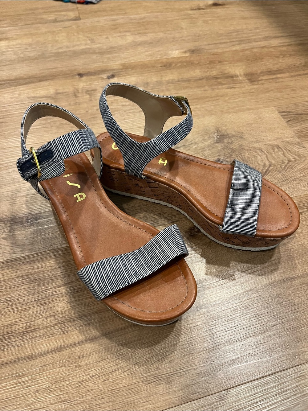 Unisa Gray Striped Platform Sandals with Cork Wedge - Picture 3 of 6